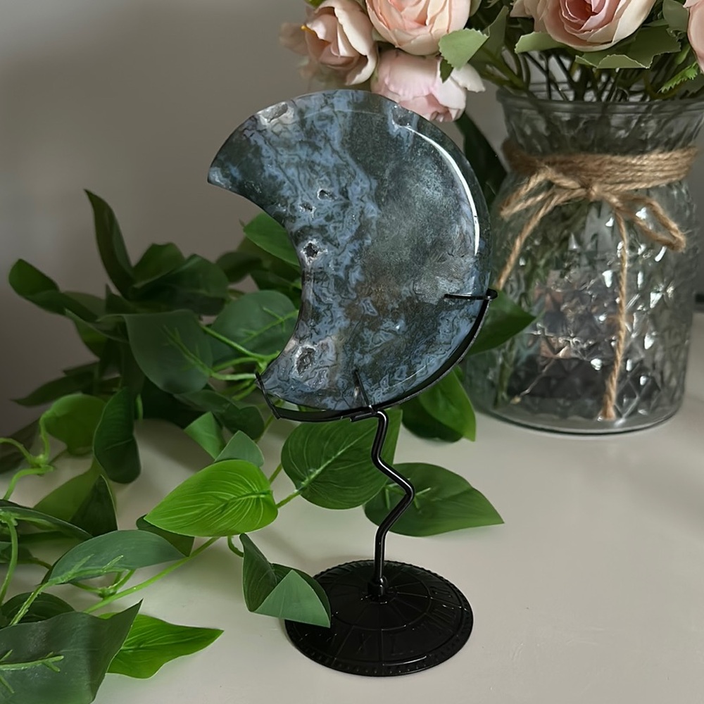 Druzy Blue Moss Agate Moon with Stand